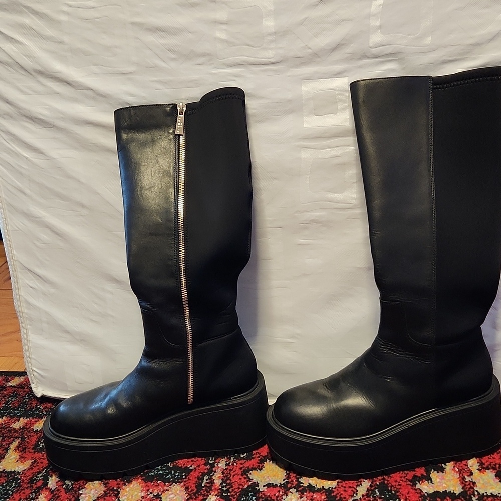 J Slides Victoria Knee High Black Leather/Lycra Platform Goth Boots Sz 8 - Picture 4 of 14